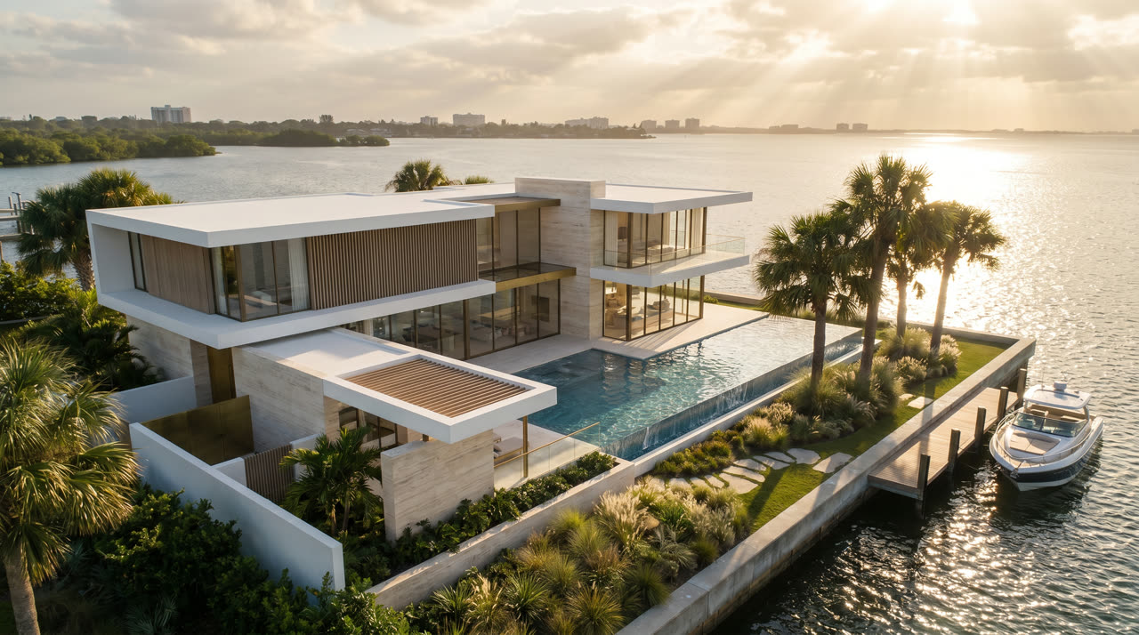 Waterfront exterior at golden hour
